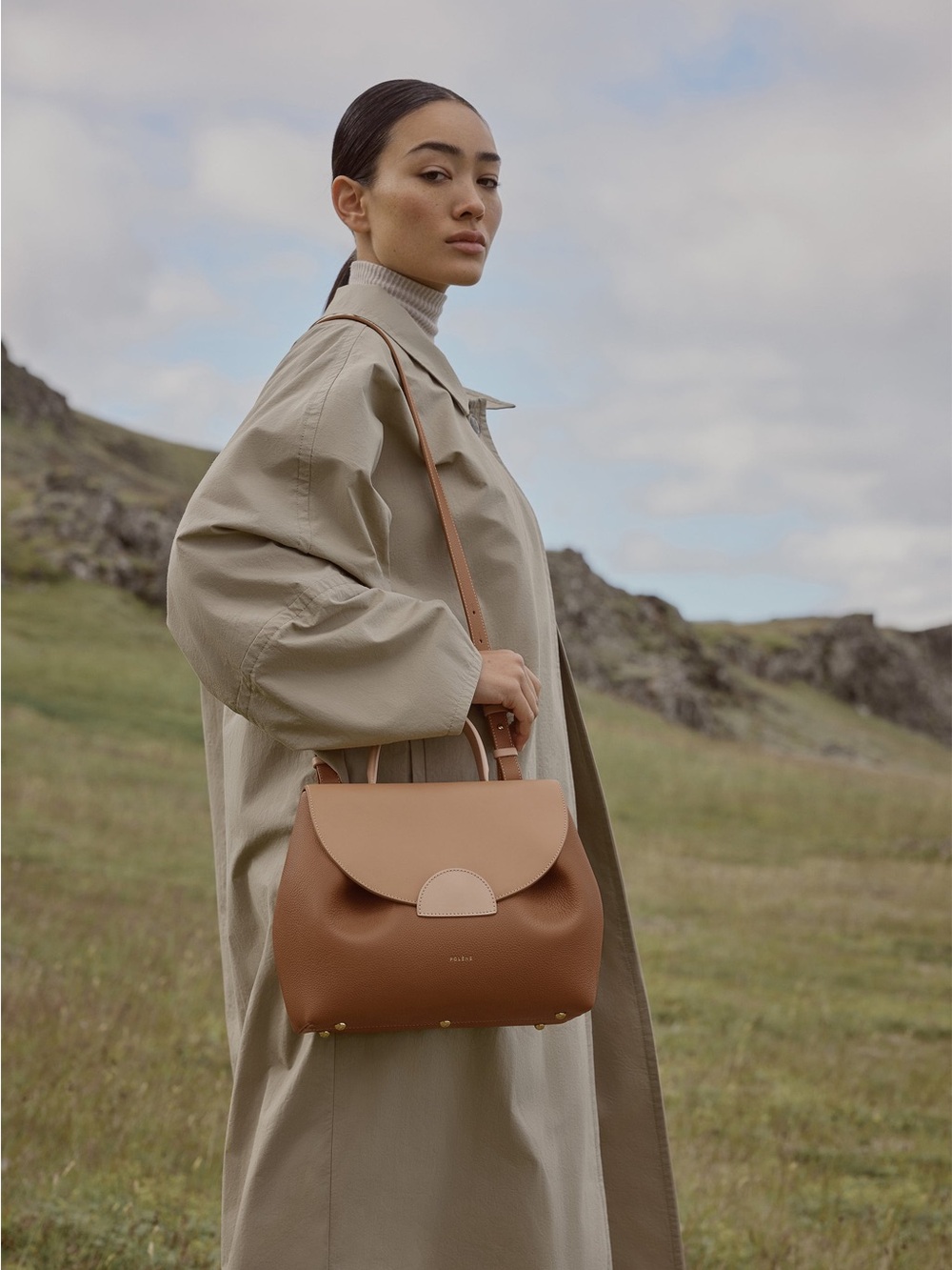 Polene Numero Uno Brown Leather Shoulder Bag with Tan Flap